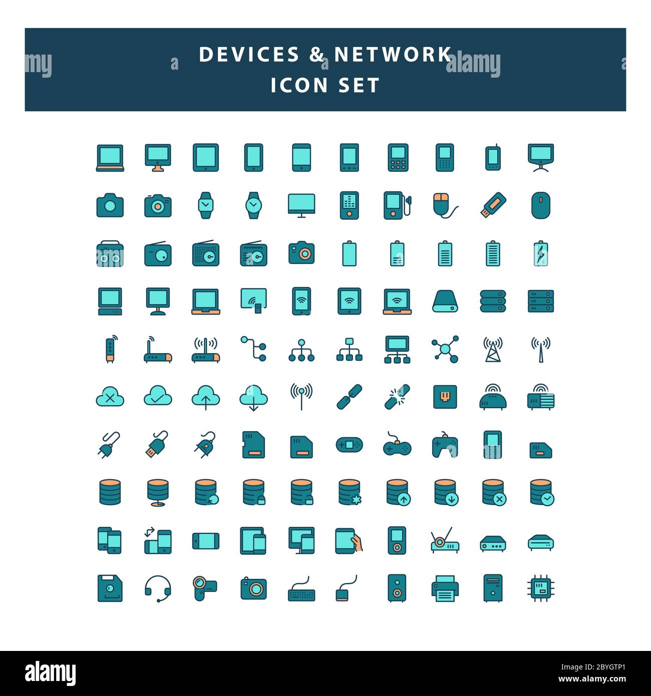 set of Devices and Network icon with filled outline style design vector Stock Vector