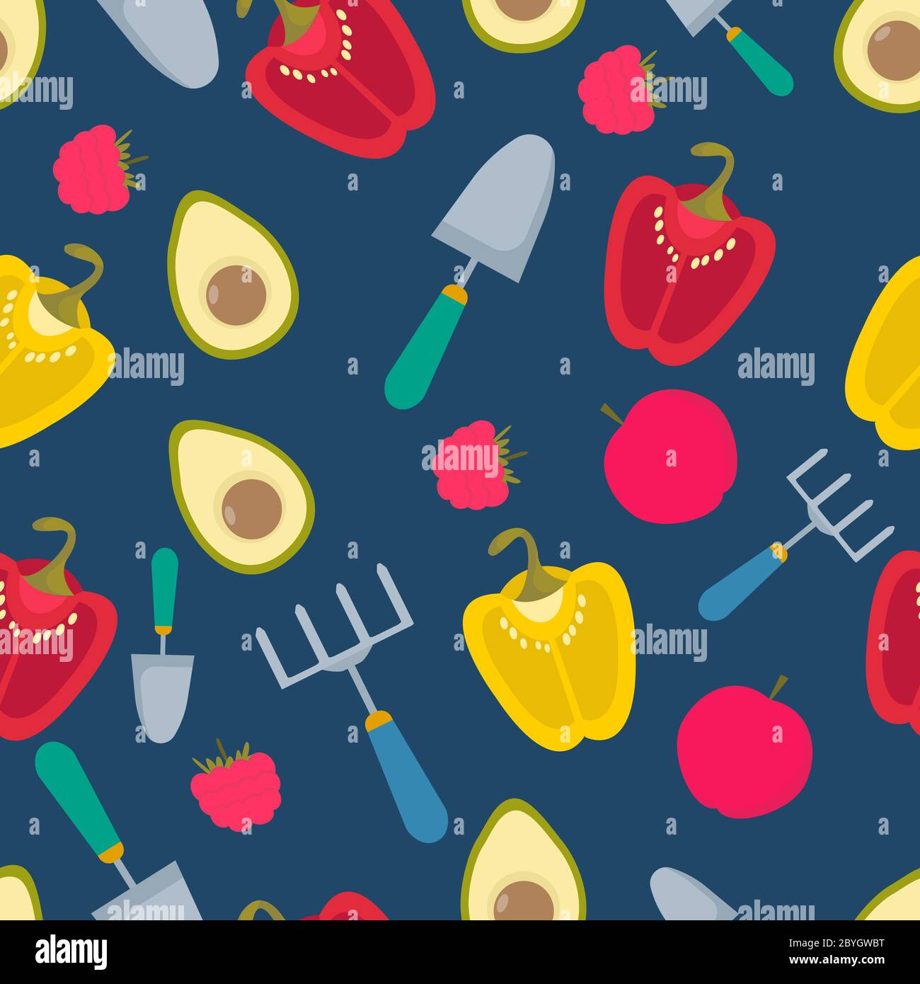 Vector seamless pattern with gardening tools, fruits and vegetables on