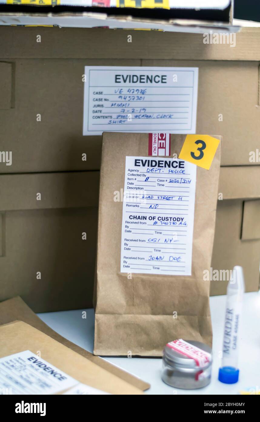 Various laboratory tests forensic equipment, conceptual image Stock