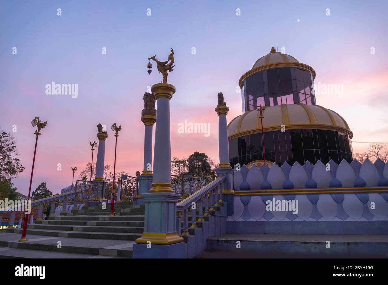 scenery sunset at beautiful pagoda at wat Kho Kog beside Cadet Academy Nakornnayok Thailand. Stock Photo