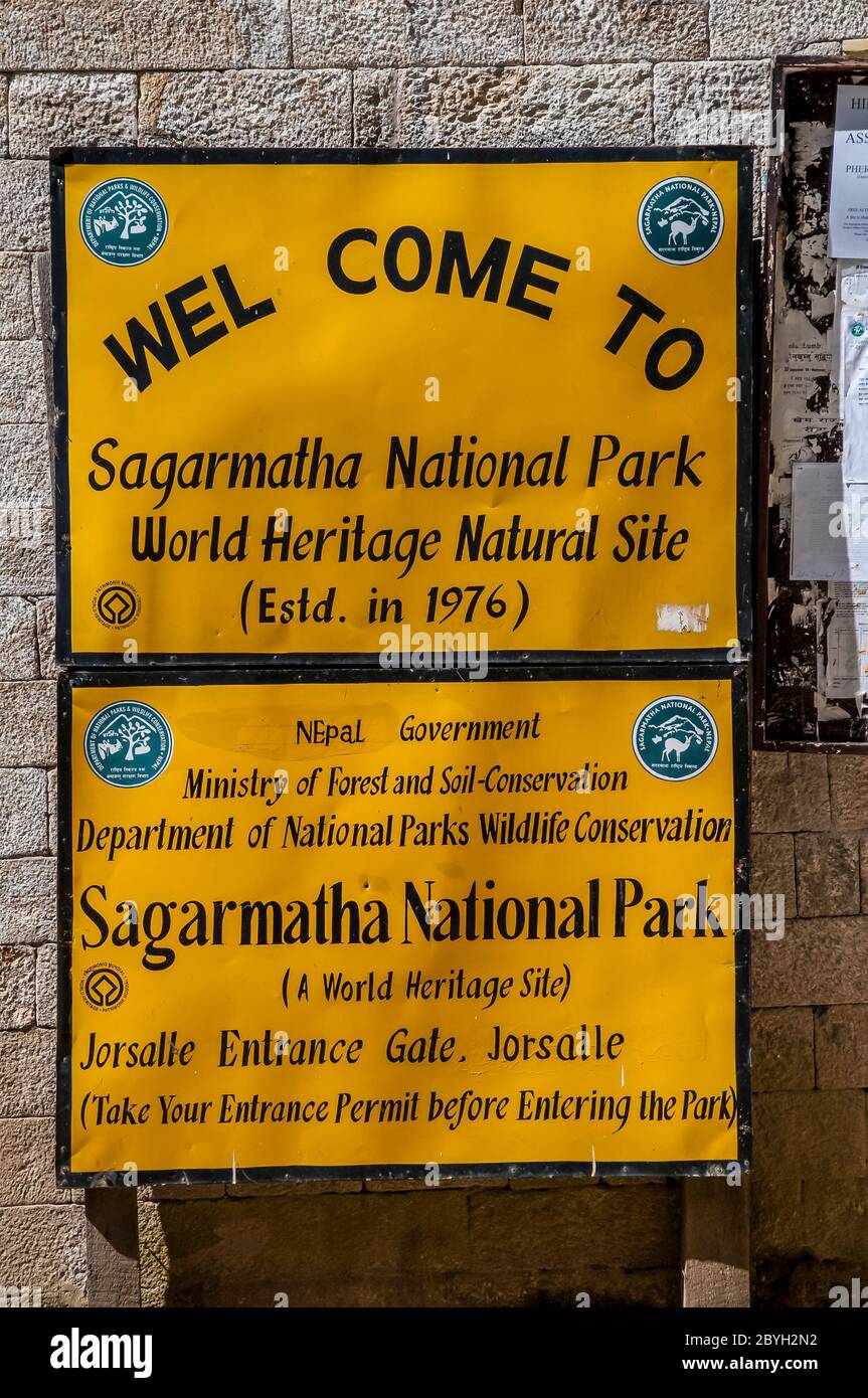 Nepal. Island Peak trek. Information plaque at the entrance building  to Sagarmatha Mount Everest National Park Headquarters at Jorsalle Stock Photo