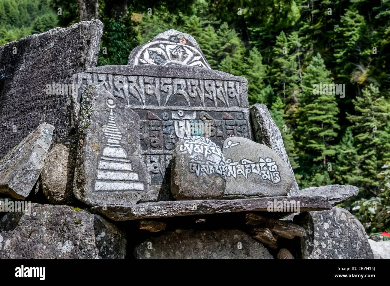 Nepal. Island Peak Trek. Mani Stone prayer walls with the Buddhist