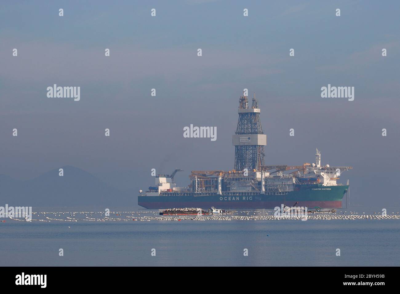 June 10, 2020, Geoje, GYEONGNAM, SOUTH KOREA: June 10, 2020-Geoje, South Korea- A View Scene of Drillship commissioning for deliver vessel near SHI (Samsung Heavy Industry) in Geoje, South Korea. Korea Shipbuilding & Offshore Engineering Co., the shipbuilding holding company of South Korea's Hyundai Heavy Industries Group, said Tuesday it has won a 90 billion-won (US$75 million) order to build two petrochemical carriers. The two 50,000-ton vessels will be built by Hyundai Mipo Dockyard Co., a subsidiary of Korea Shipbuilding, starting October this year, and they will be delivered to a European Stock Photo