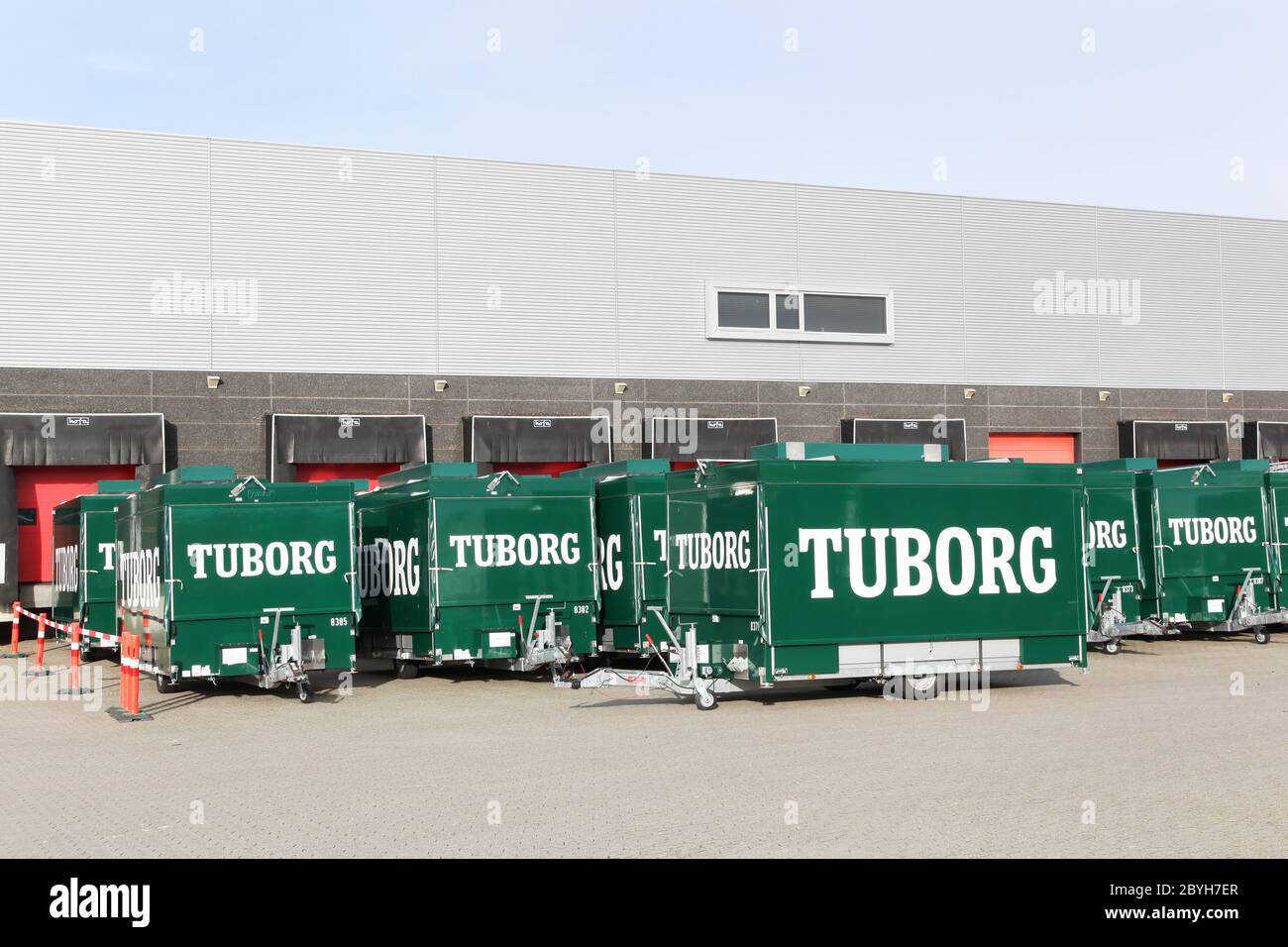 Tilst, Denmark - October 7, 2018: Tuborg trailers at a warehouse. Tuborg is a Danish brewing company founded in 1873 on a harbour in Hellerup, Denmark Stock Photo