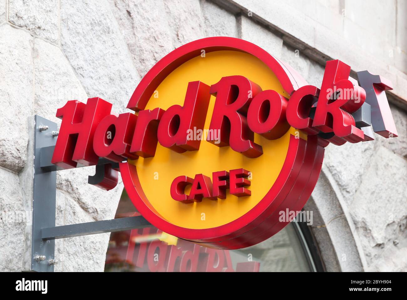 Copenhagen, Denmark - August 28, 2018: Hard rock cafe logo on wall in Copenhagen. Hard Rock Cafe Inc. is a chain of theme restaurants founded in 1971 Stock Photo