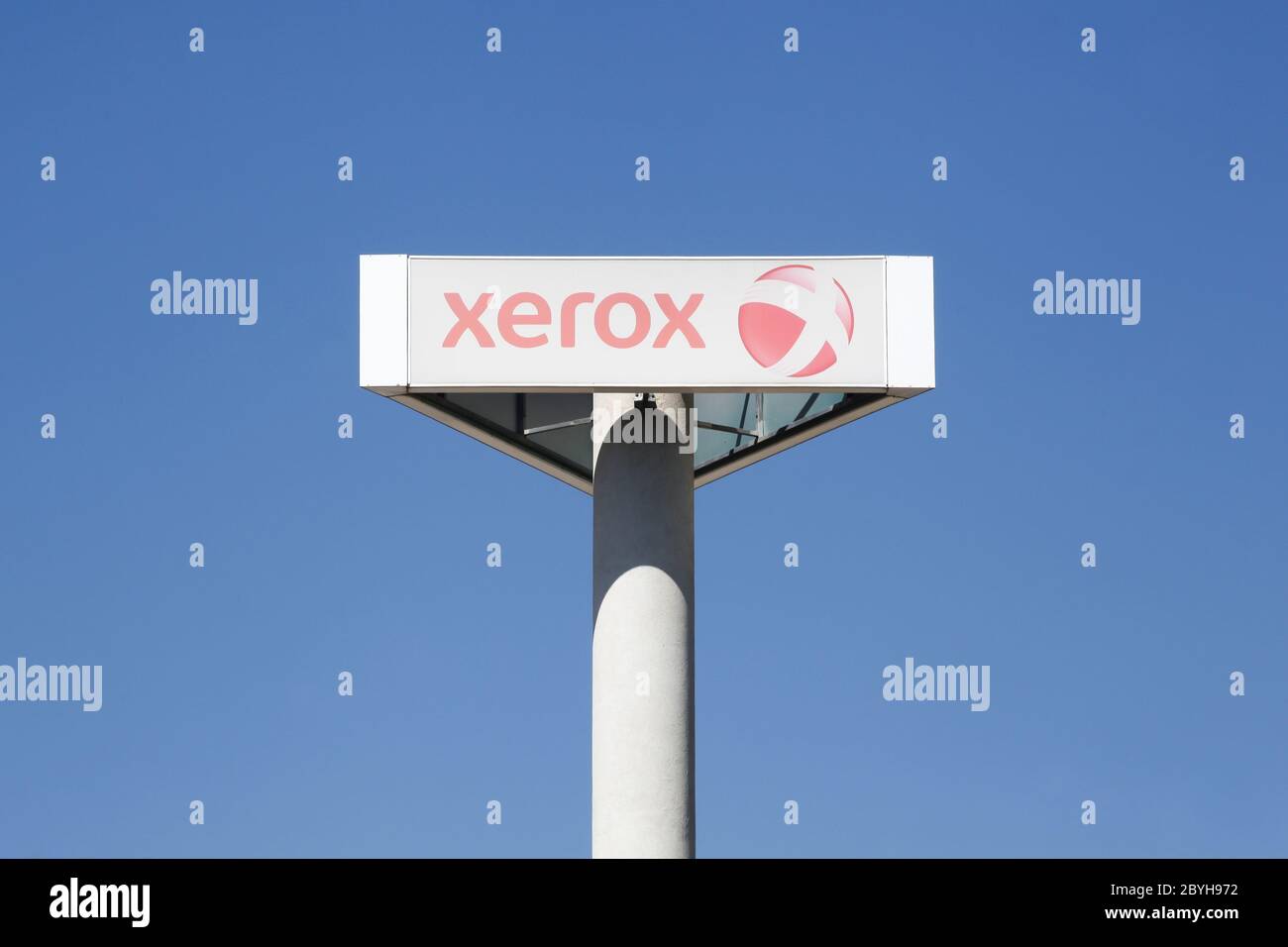 Nimes, France - July 1, 2018: Xerox sign on a pole. Xerox is an American global corporation that sells business services Stock Photo