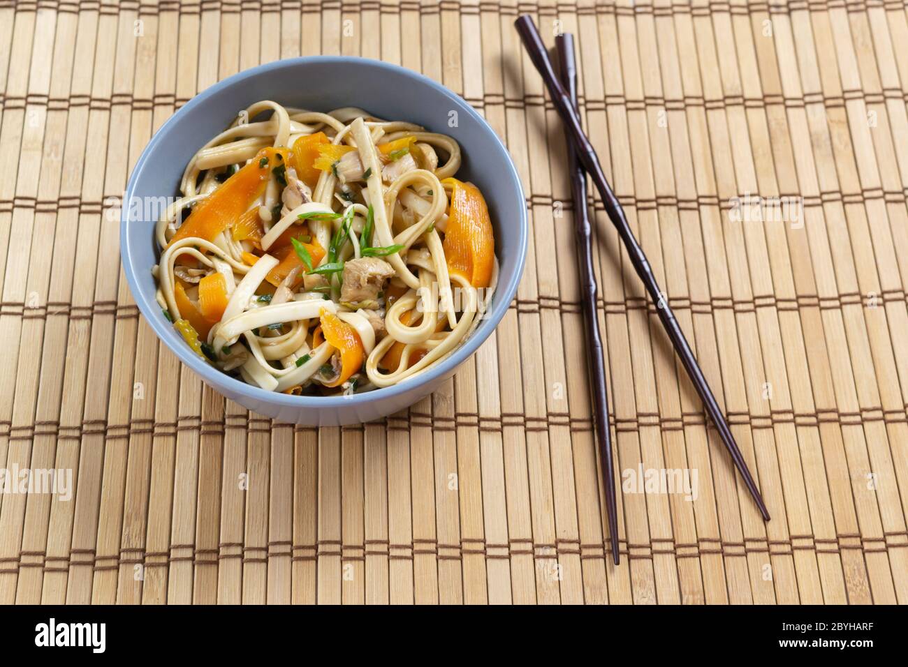 Udon noodles with chicken and carrots on a bamboo mat. Japanese kitchen. Copy space. Stock Photo