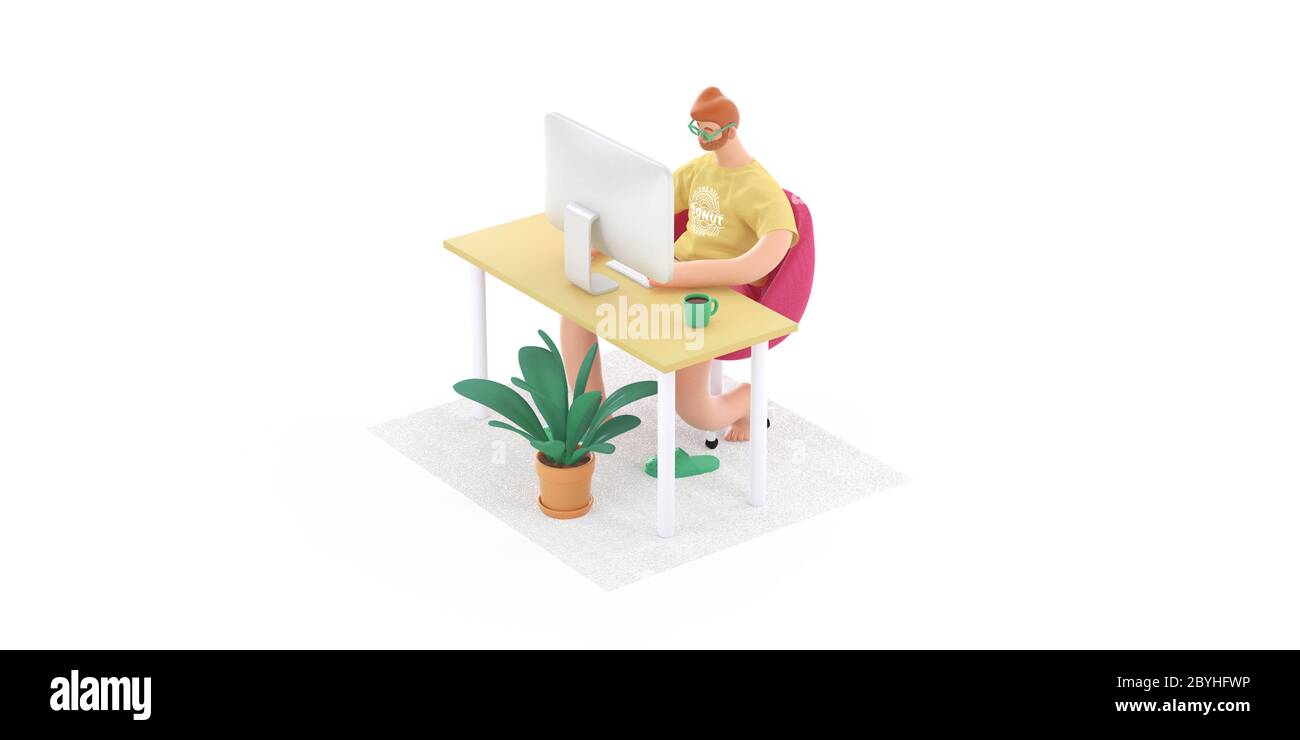 Home Office 3D render -modern concept digital illustration home office quarantine metaphor, a cartoon character, guy working at home sitting at the de Stock Photo