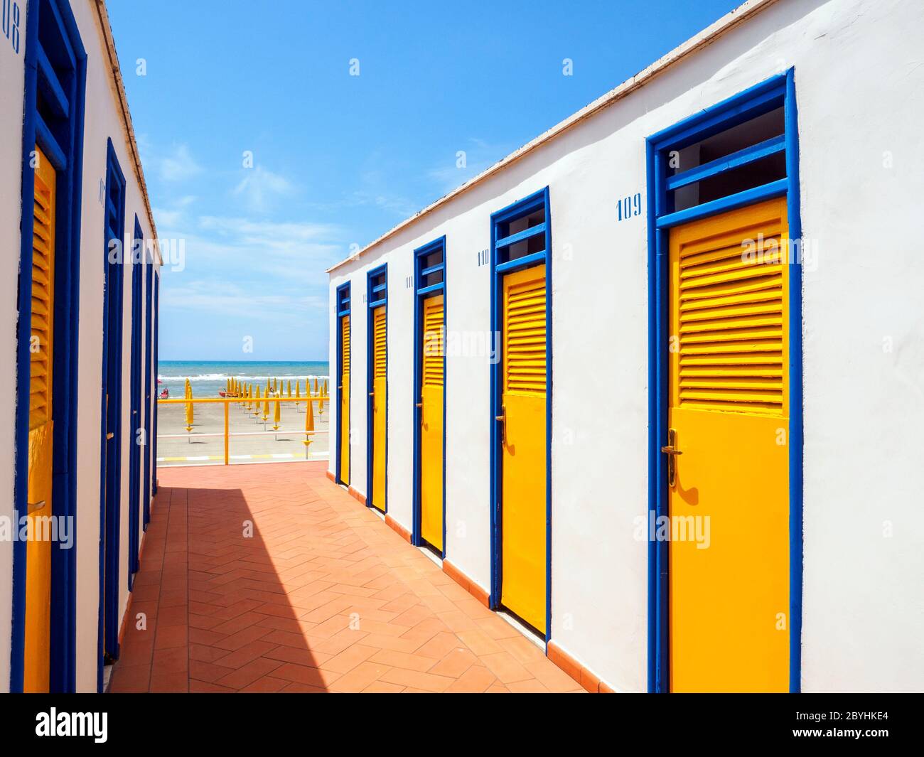 Beach cabin doors of a beach resort in Ostia Lido - Rome, Italy Stock Photo