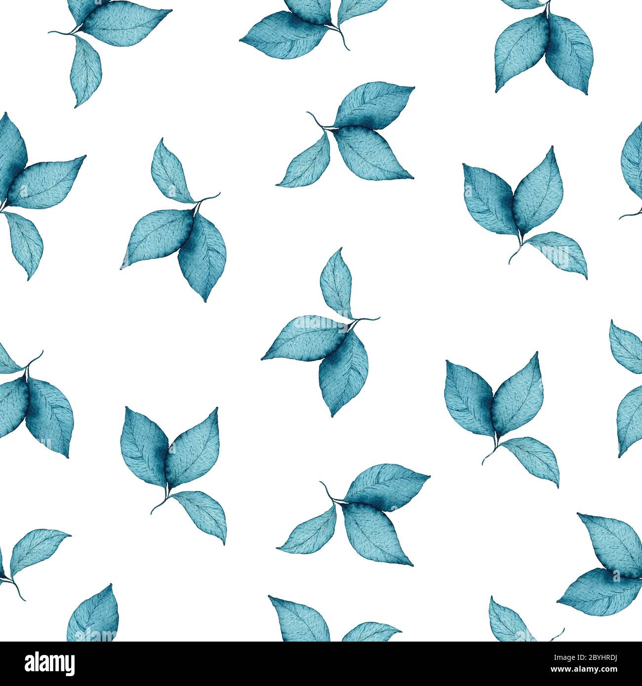 seamless watercolor floral pattern with blue leaves and branches on ...
