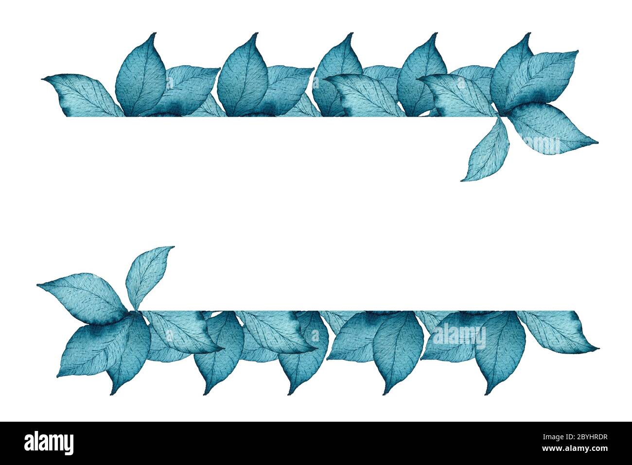 watercolor blue floral banner with teal colored leaves, artistic blue