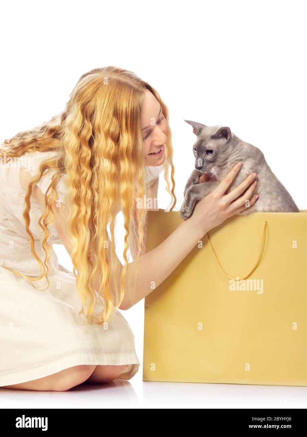 Girl Bought a Cat Stock Photo
