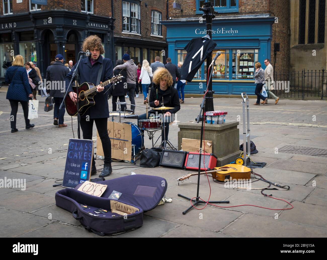 Street musicians in a square in the medieval city of York in the United Kingdom. Stock Photo