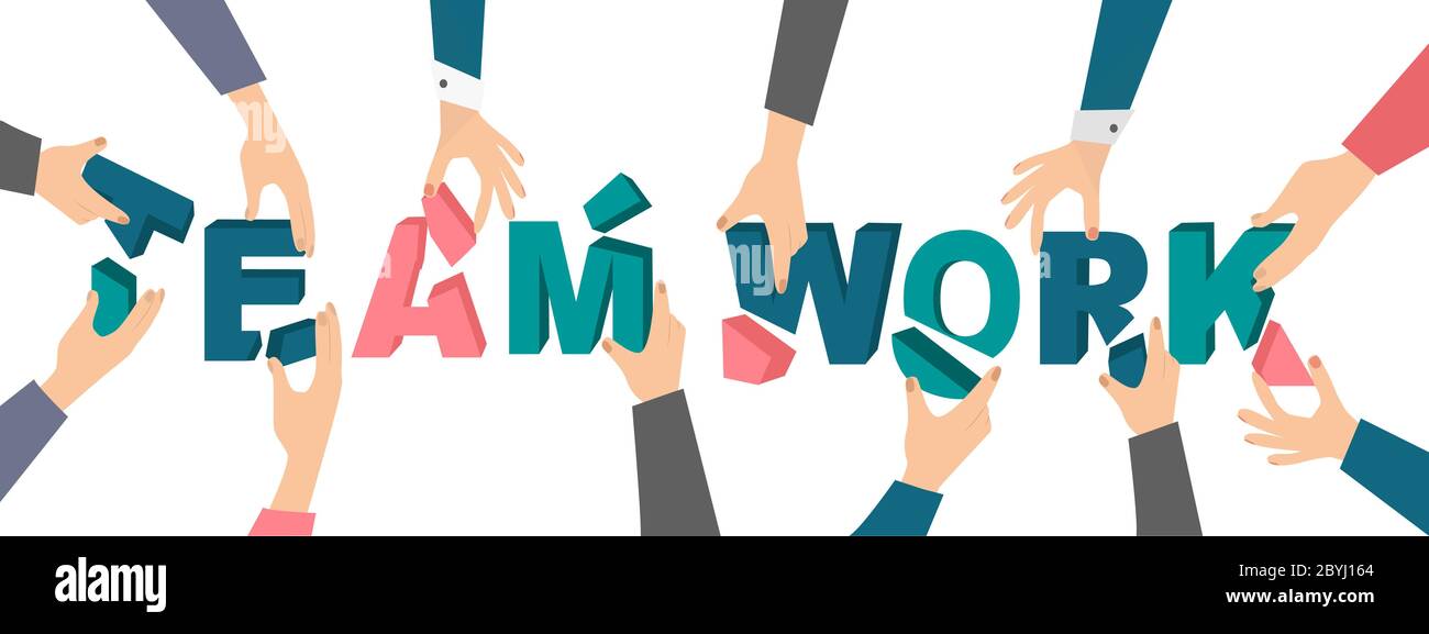 Office employees constructing word TEAMWORK on white background, vector