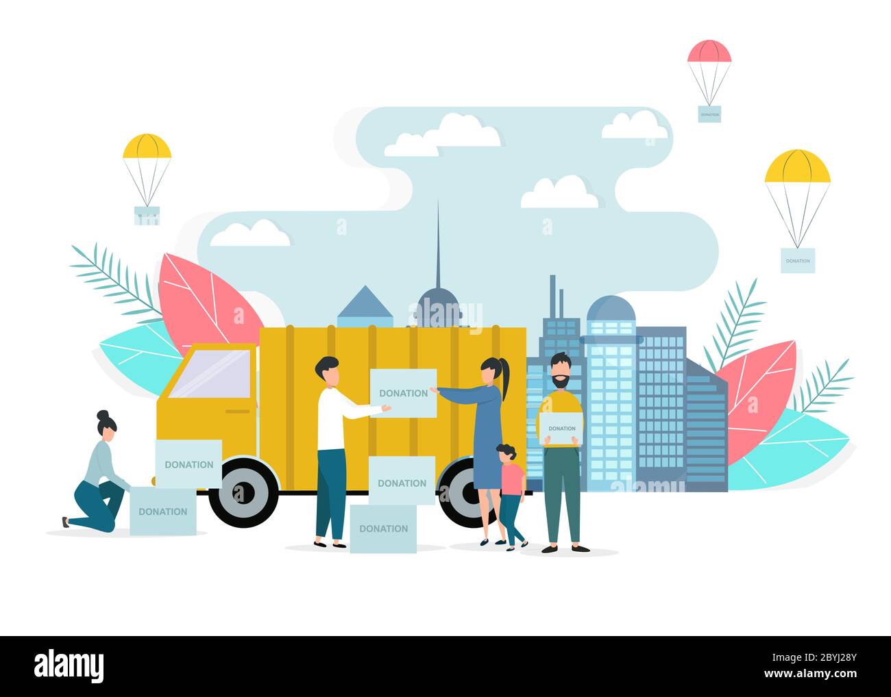 Truck with donation boxes and volunteers providing help to needy people, isolated flat vector