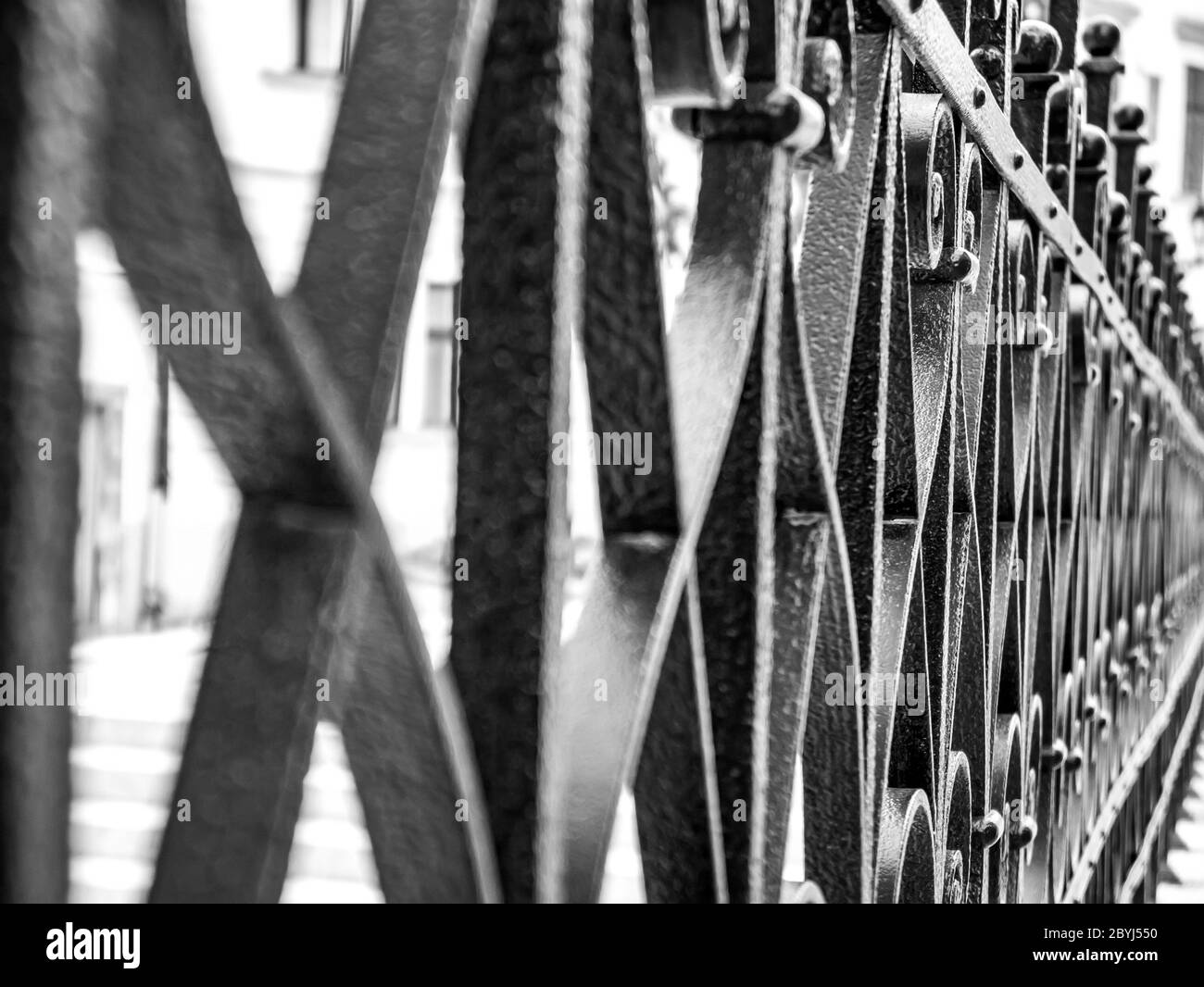 Closeup view of a beautiful iron fence in Gyor, hungary. Stock Photo