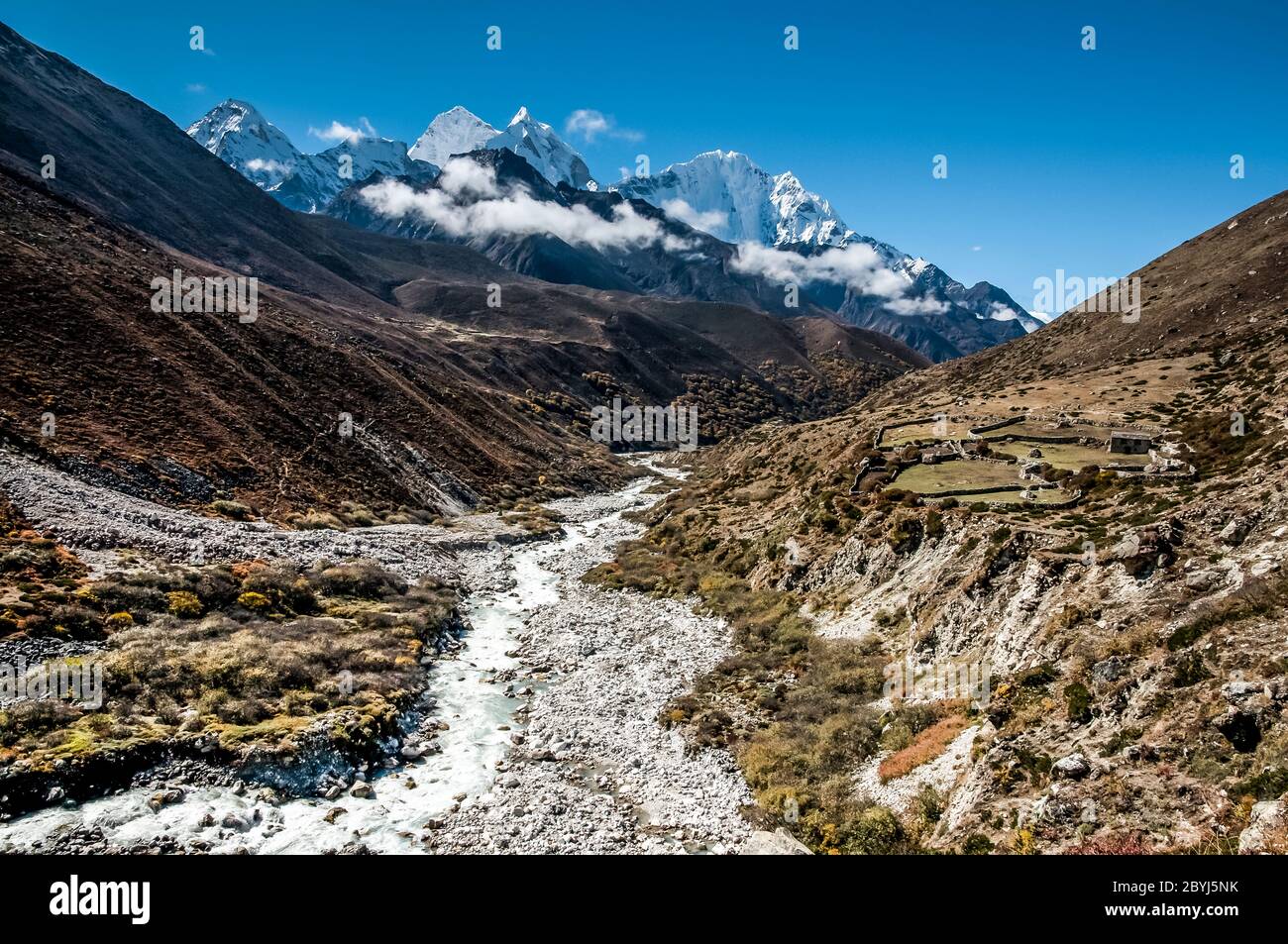 Nepal. Island Peak Trek. Looking down the Dudh Kosi River towards the peaks of Ama Dablam  from above Dingboche Village Stock Photo
