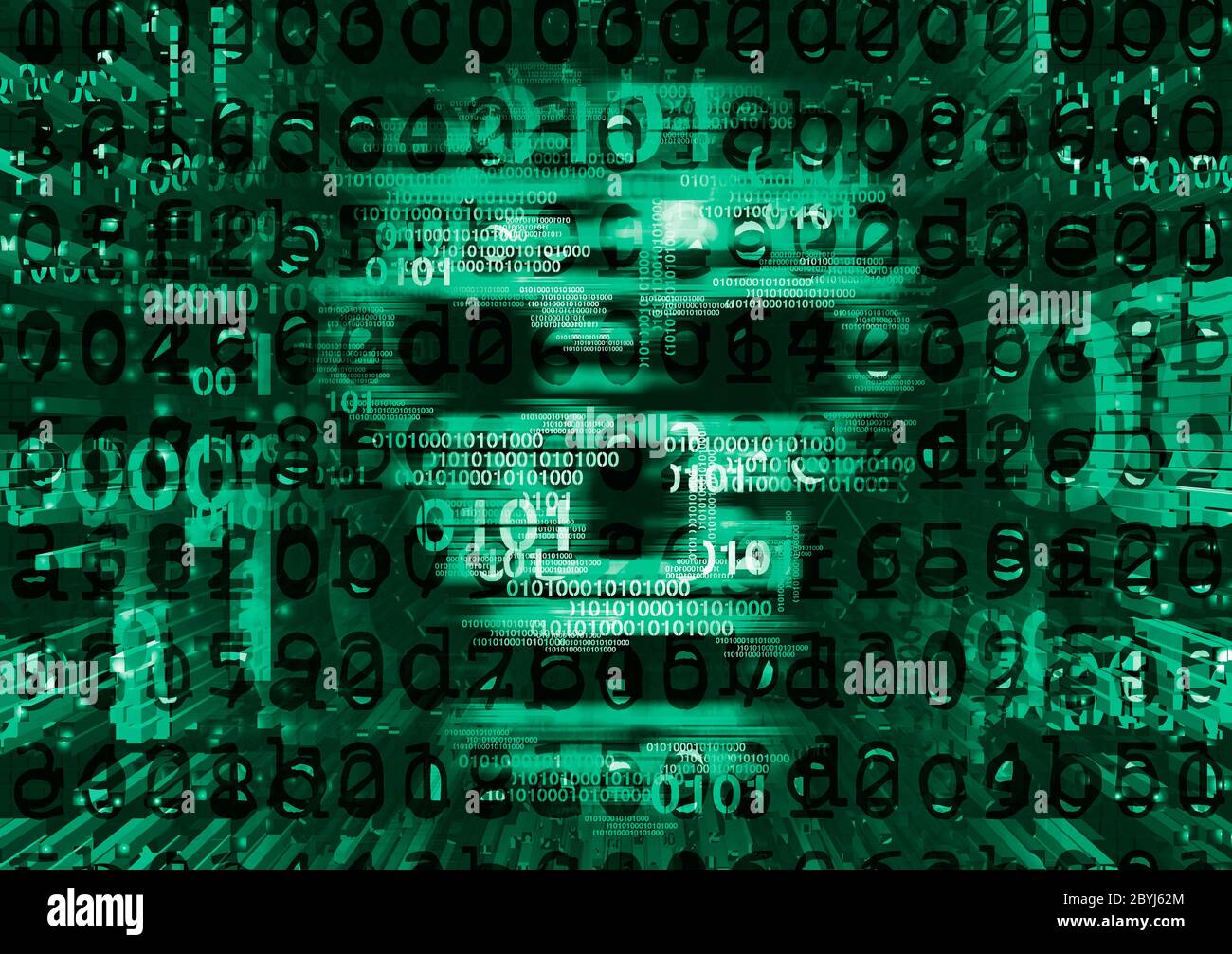 Skull,Hacker,Computer virus concept. Illustration of Abstract Skull sign with destroyed letters and binary code. Web Hacking. Online piracy concept. Stock Photo