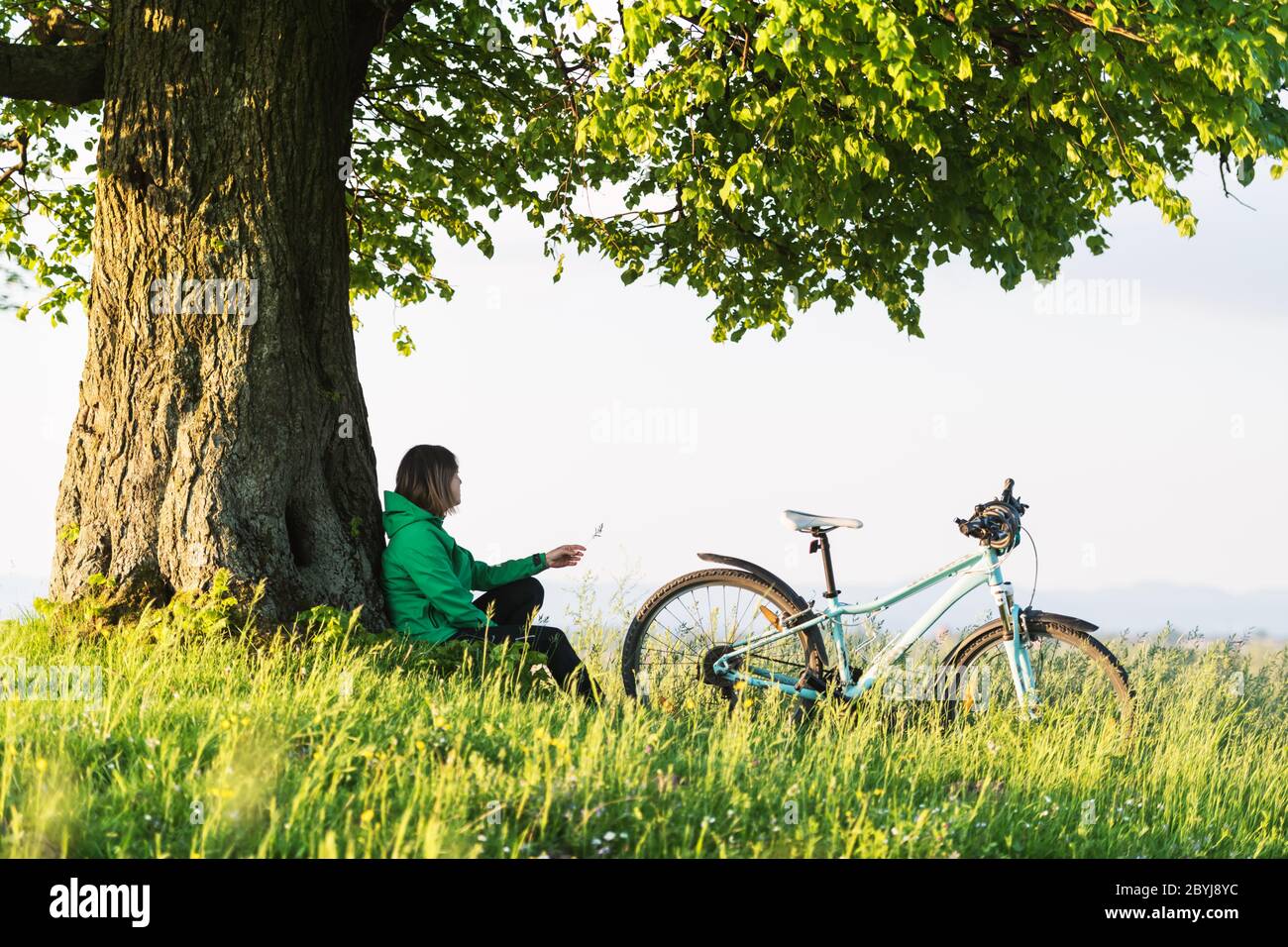 A lonely girl sits under a big old tree near a bicycle. Green summer landscape on city contrside Stock Photo