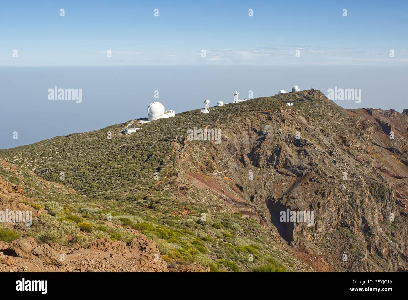Astronomical observatory telescopes on Roque de los Muchachos volcano crater, La Palma, Canary Islands Stock Photo