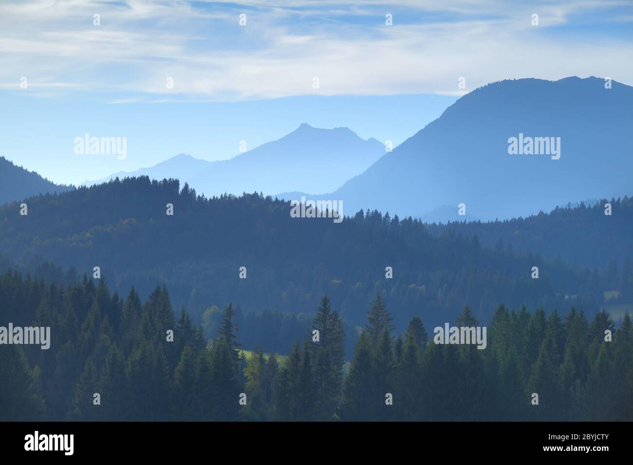 Karwendel mountain range in misty fog Stock Photo