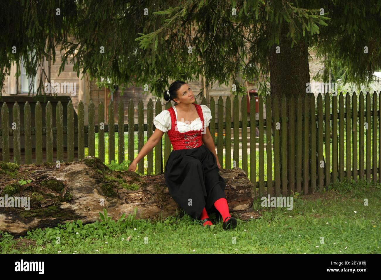 Girl in Austrian German traditional dress in countryside near tree and fence sitting Dirndl Stock Photo