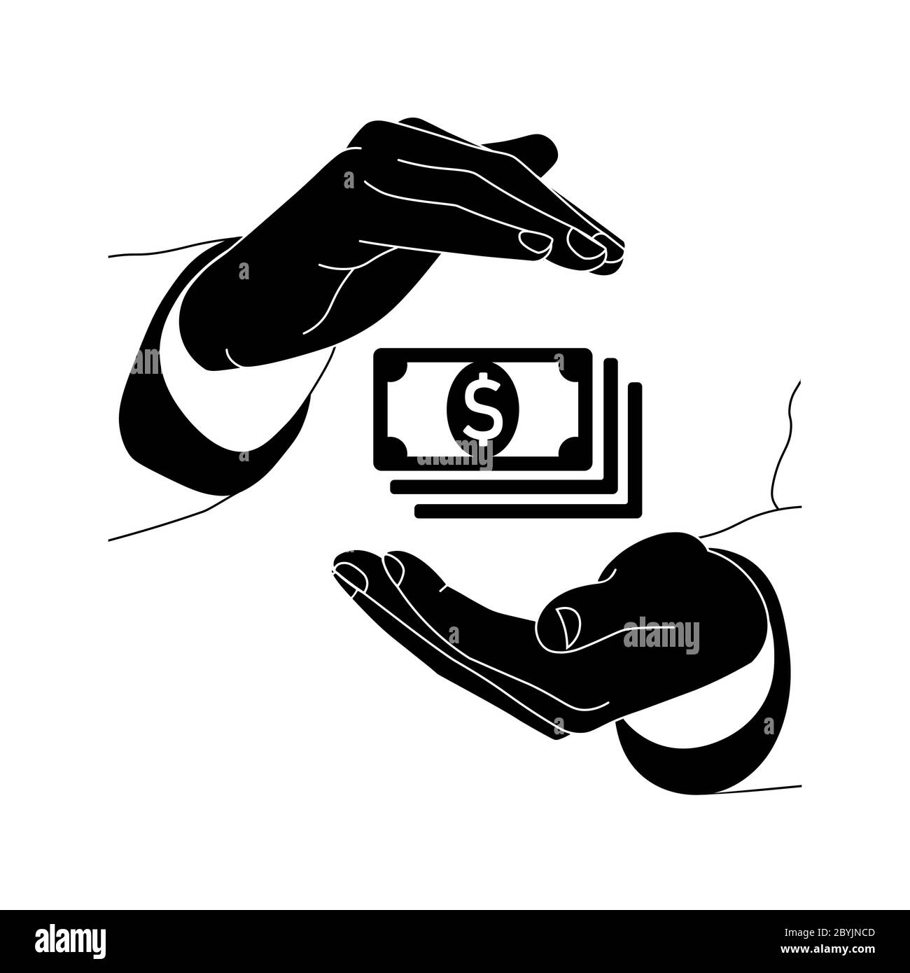 Hands are holding money, banknote or dollar bill icon flat logo in black on isolated white background. EPS 10 vector. Stock Vector