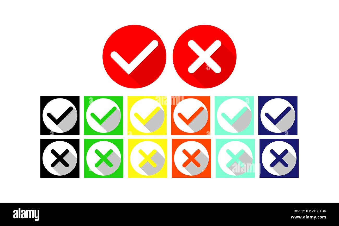 Check marks or tick, cross checkmarks flat icon set in modern colour design concept on isolated white background. EPS 10 vector. Stock Vector