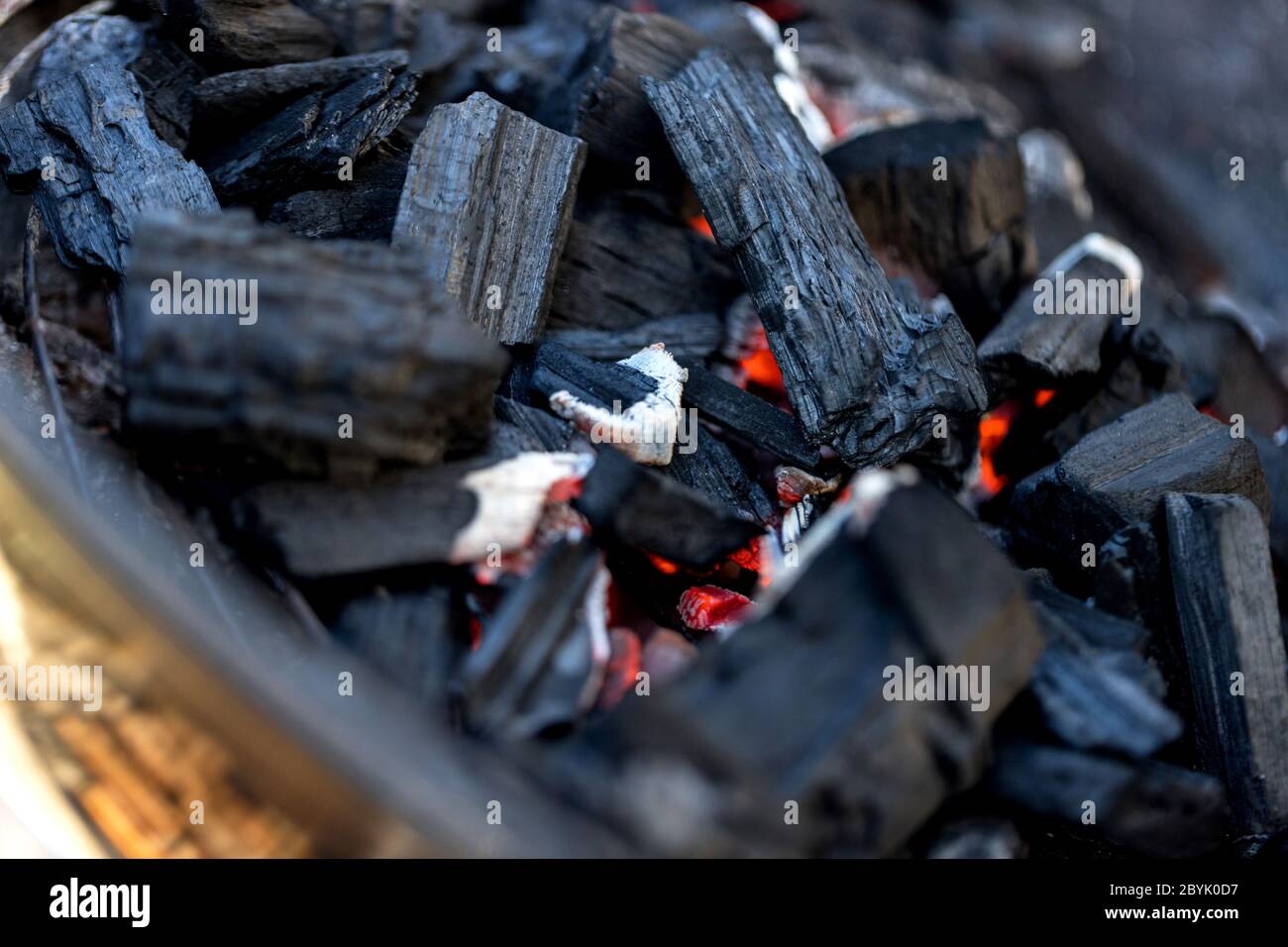 glowing charcoal on grill outsides Stock Photo