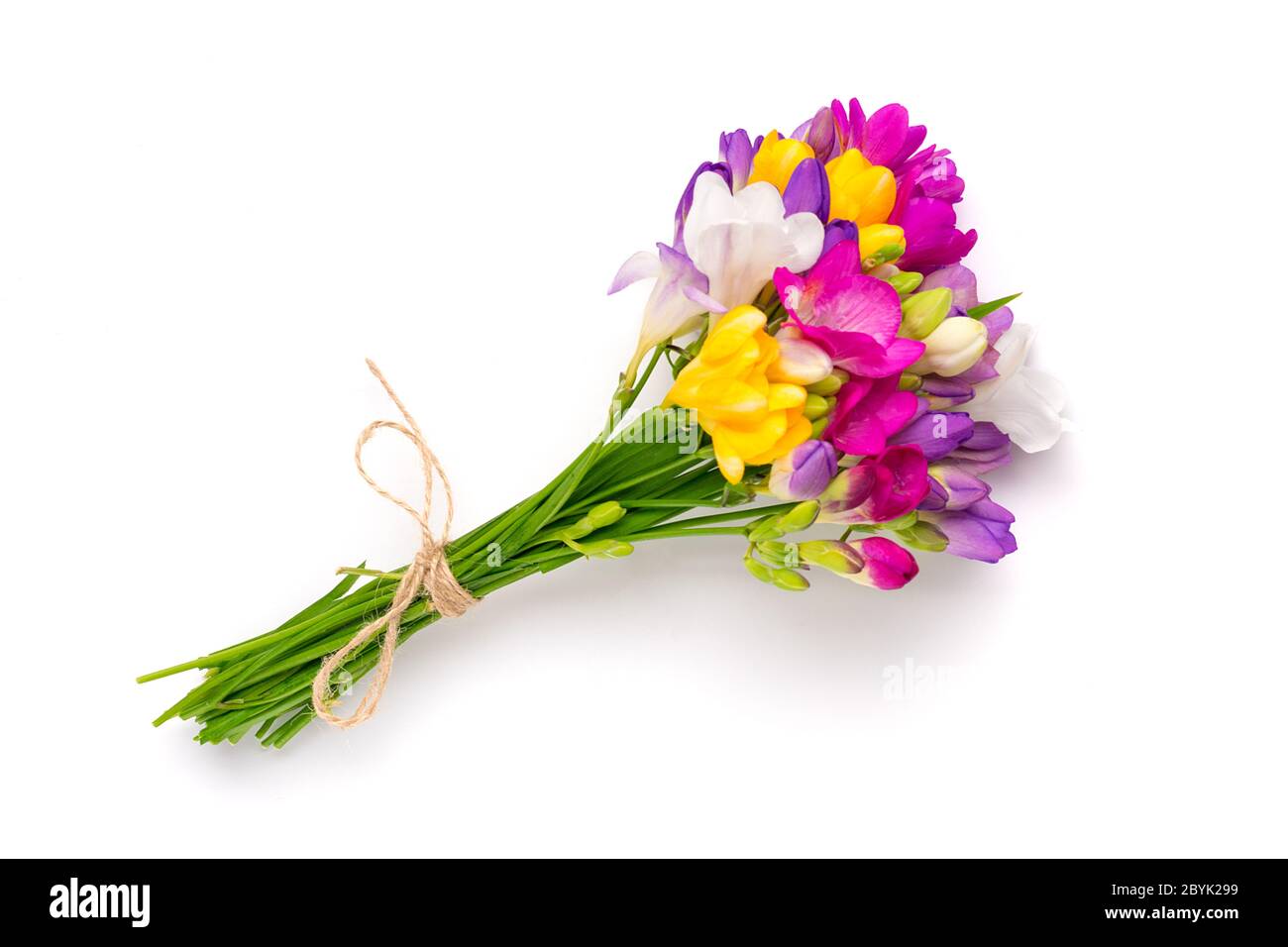 Bouquet of sprig freesia flowers isolated on white background Floral holiday card Top view Flat lay Stock Photo
