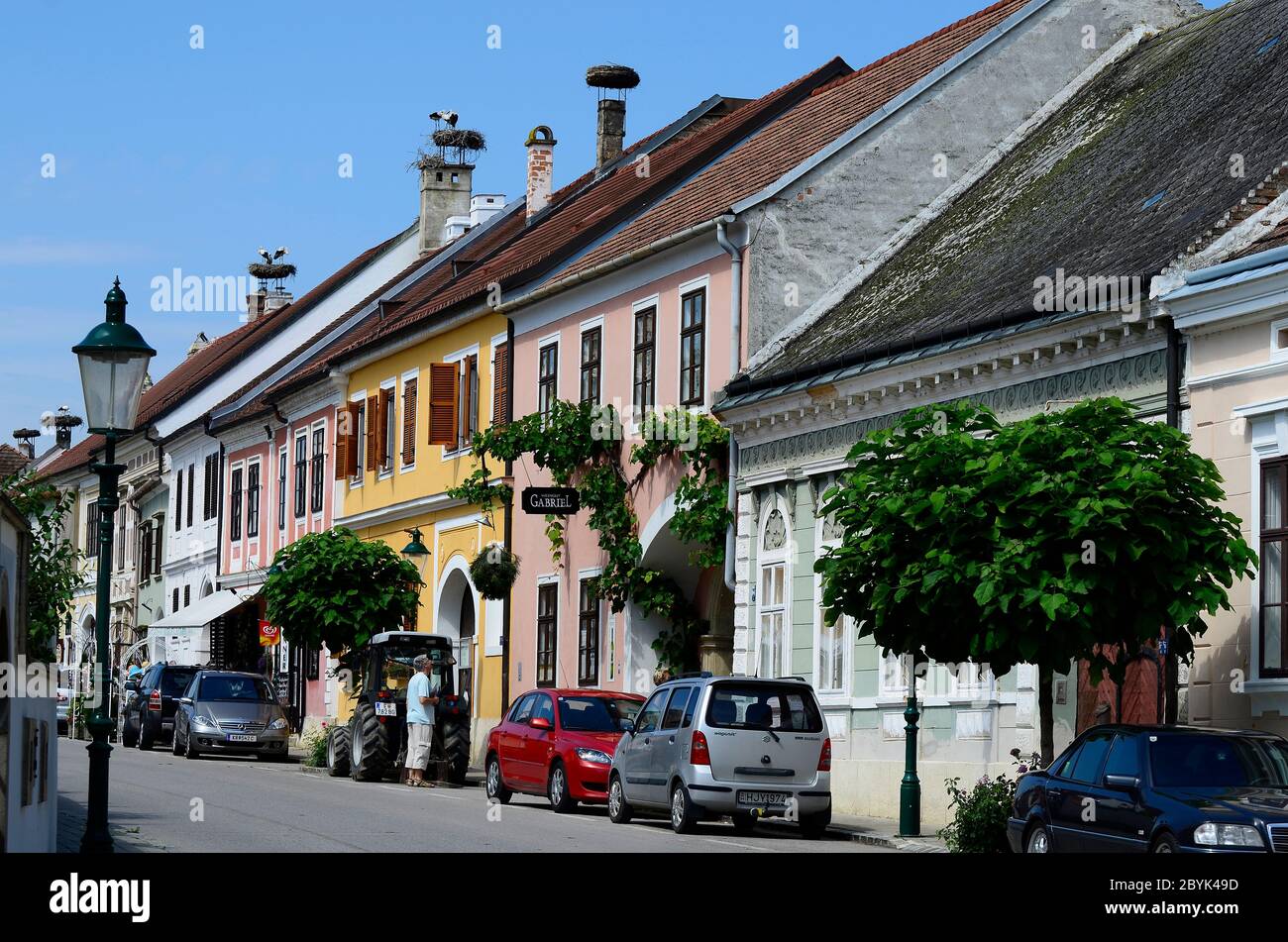 Rust, Austria - July 23rd 2012: different bird nests with white storks on roofs in the village Rust on Neusiedler Lake in Burgenland, this area is kno Stock Photo