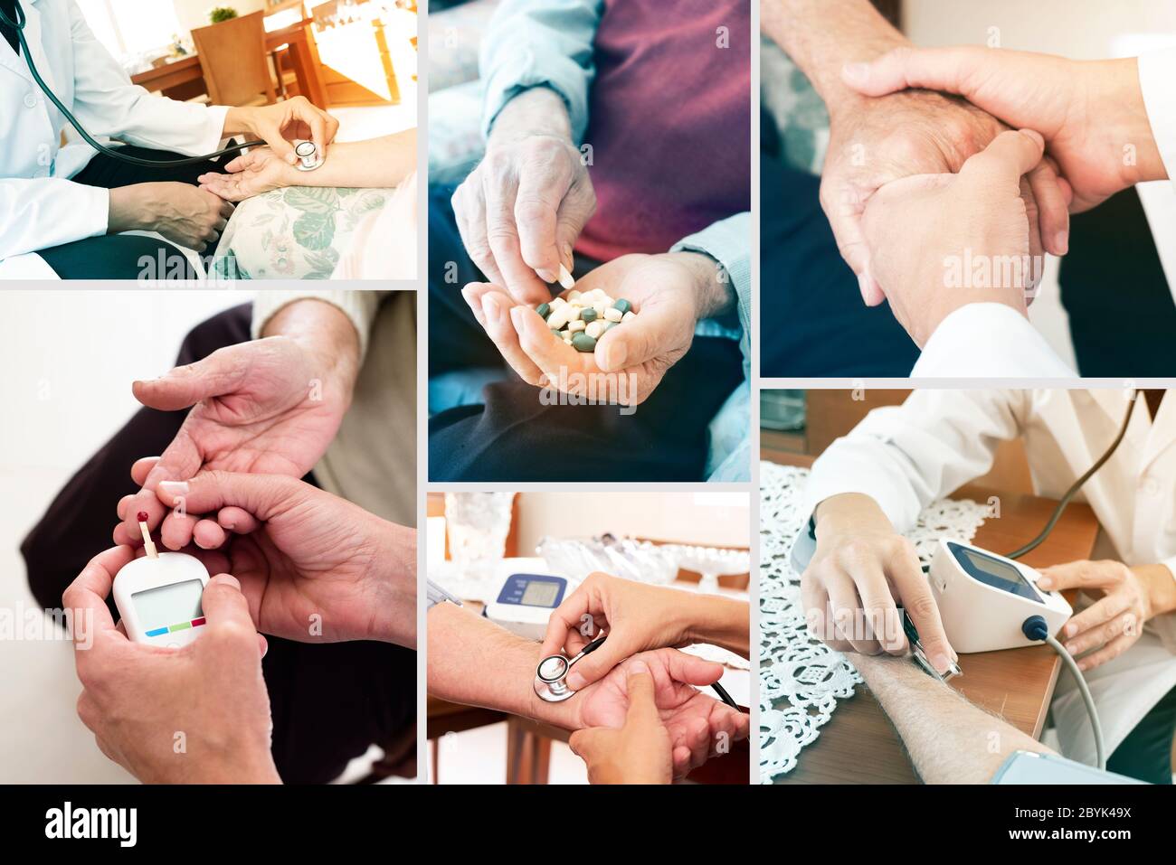 a collage of different pictures of a doctor man, in a white coat, visiting senior patients at their home or a nursing home, measuring their blood pres Stock Photo