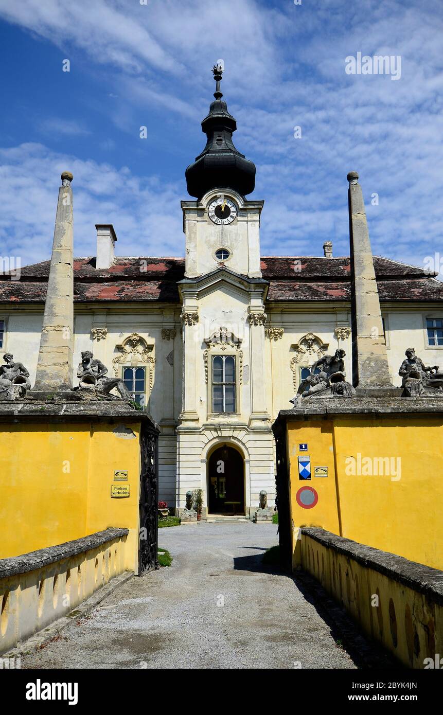 Seibersdorf, Austria - July 23, 2012: Renaissance castle in the Lower Austrian municipality of Seibersdorf with former moat and bridge Stock Photo