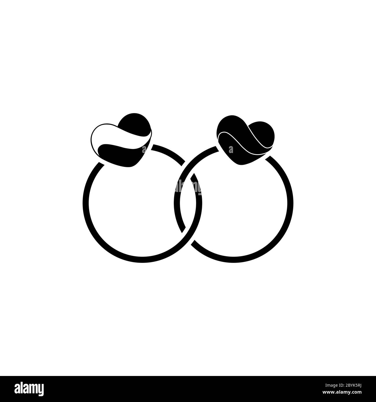 Wedding rings with a heart icon logo flat in black on isolated white background. EPS 10 vector or Valentine's Day. Simple love icon for websites. Stock Vector