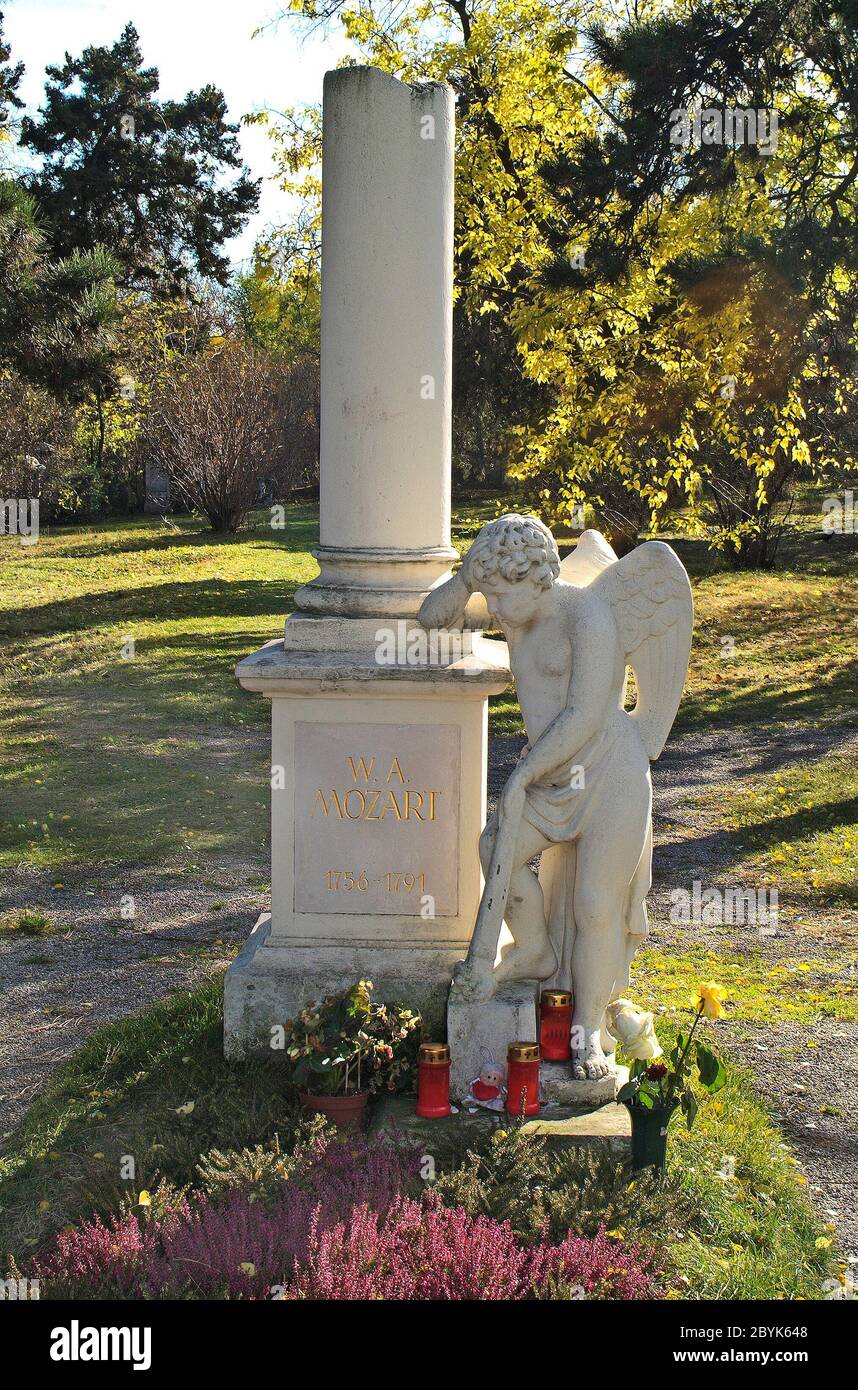 Austria, grave of composer Wolfgang Amadeus Mozart on Biedermeier Cemetery of St. Marx in Vienna Stock Photo