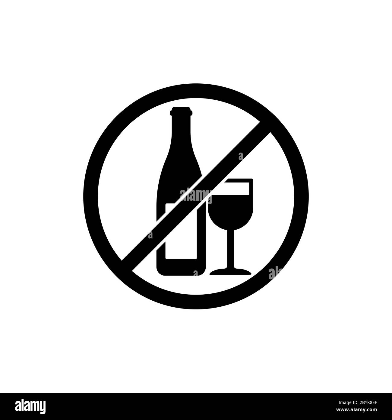 No drinking alcohol or no wine symbol icon flat in black. Forbidden symbol simple on isolated background. EPS 10 vector. Stock Vector
