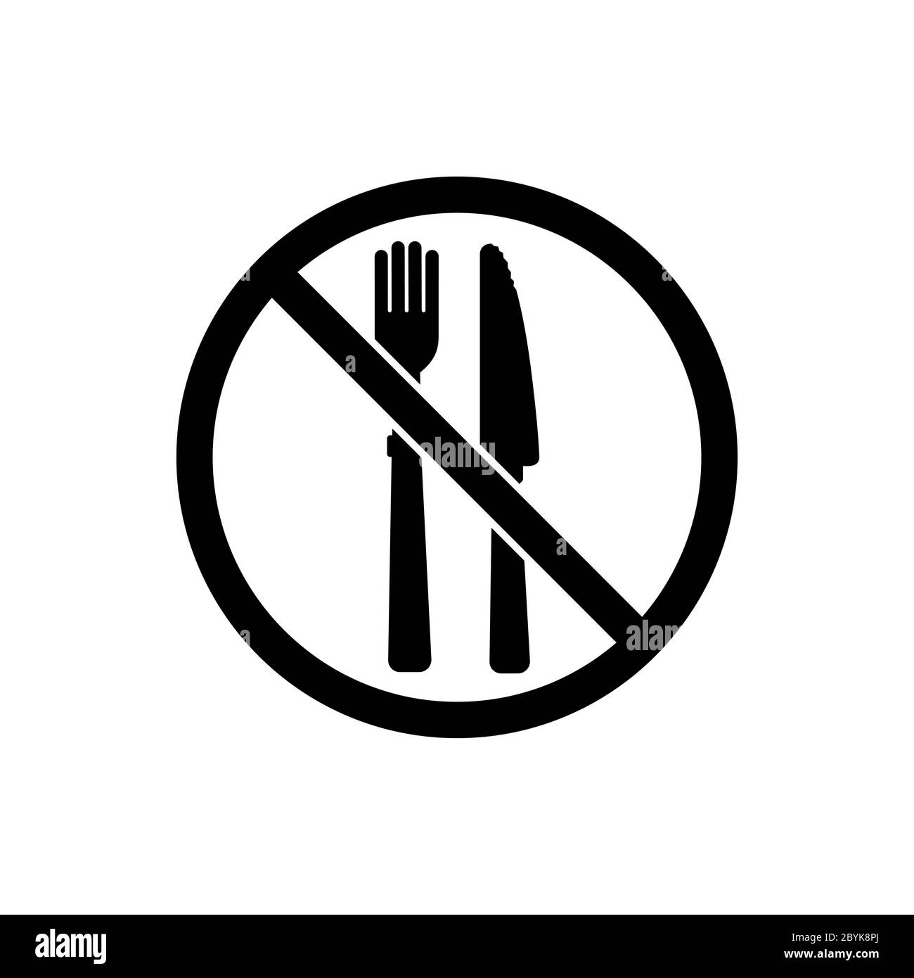 No food or stop eating icon in black. Fork and knife. Forbidden symbol simple on isolated background. EPS 10 vector. Stock Vector