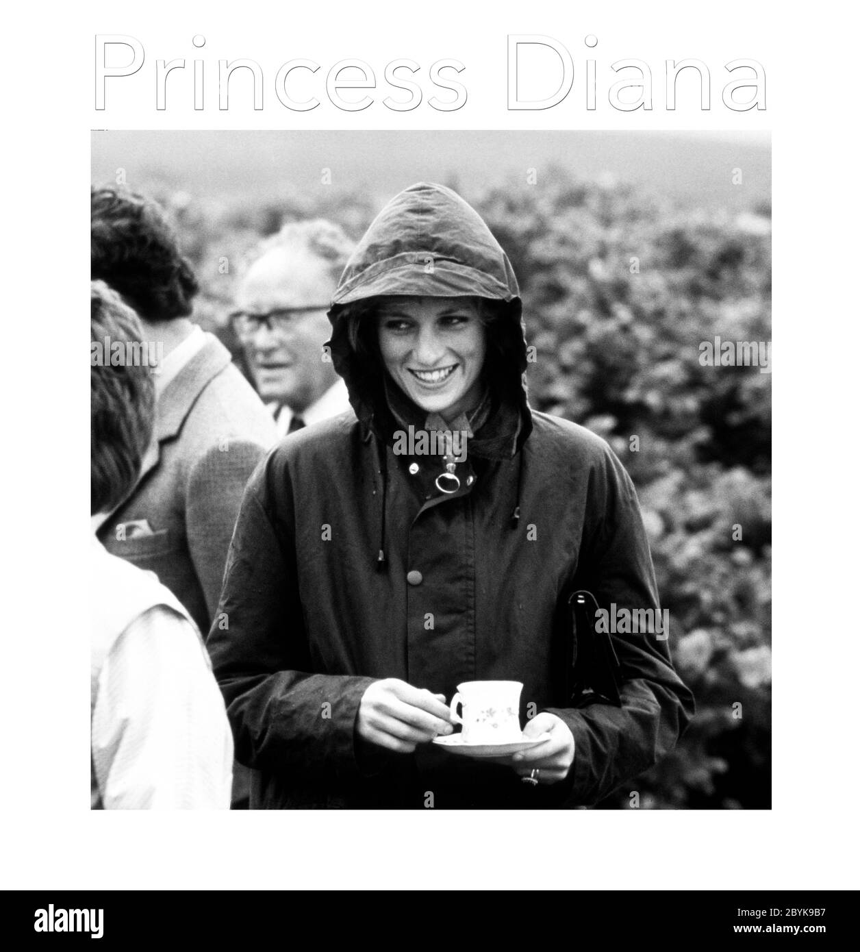 HRH Princess of Wales, Princess Diana drinks tea during her visit to Lochmaddy, Outer Hebrides, Scotland July 1985 Stock Photo