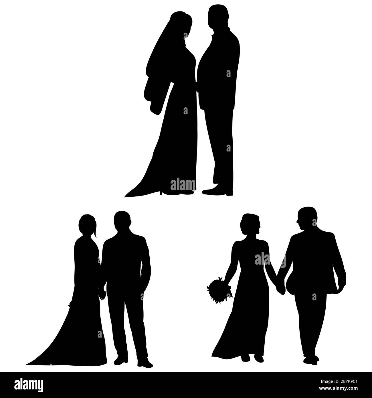 vector, on a white background, black silhouette of a bride and groom ...