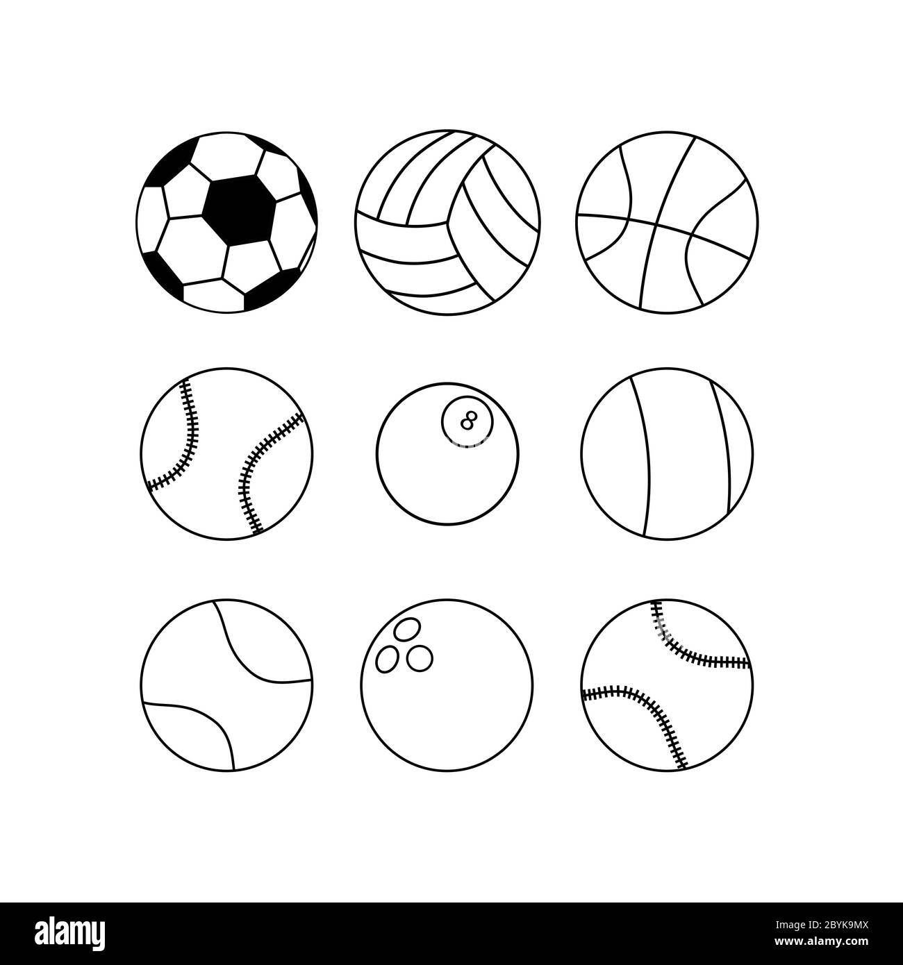 Sports ball or different game balls icon set in black on isolated white background. EPS 10 vector. Stock Vector