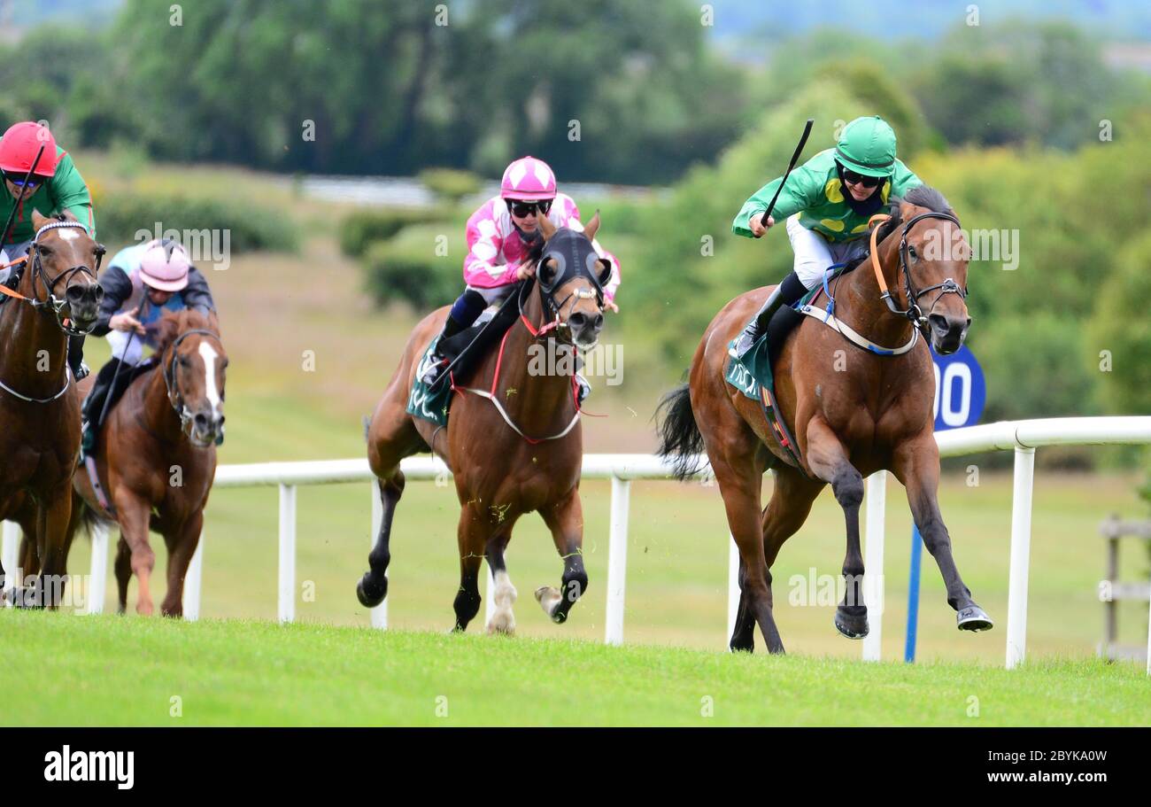 Boughtinthedark and jockey James Doyle win the Navan Handicap (45-65) (Div 1) at Navan Racecourse, County Meath, Ireland. Stock Photo