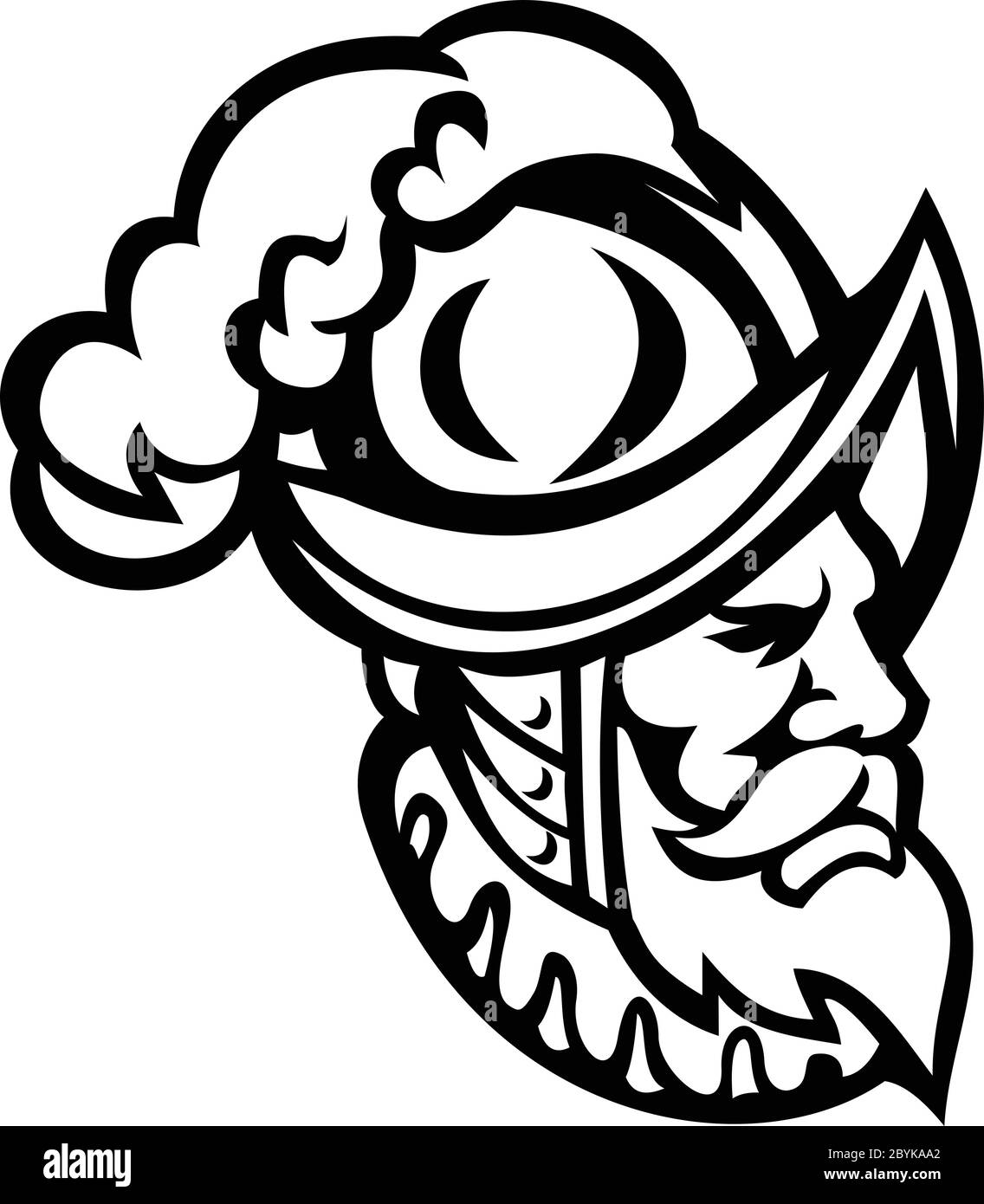 Mascot icon illustration of head of a Spanish Conquistador wearing a morion, type of open helmet hat used from the middle 16th to early 17th centuries Stock Vector