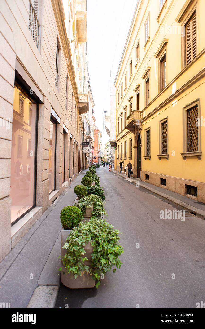 Milan. Italy - May 21, 2019: Via Santo Spirito Street in Milan. Sunny Day. Lonely and Quiet Street in Montenapoleone Fashion District. Stock Photo