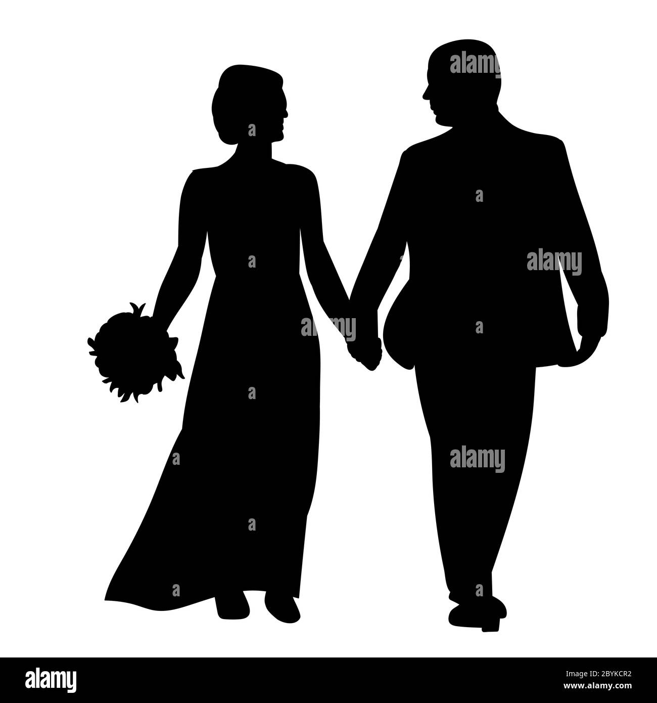vector, on a white background, black silhouette of a bride and groom ...