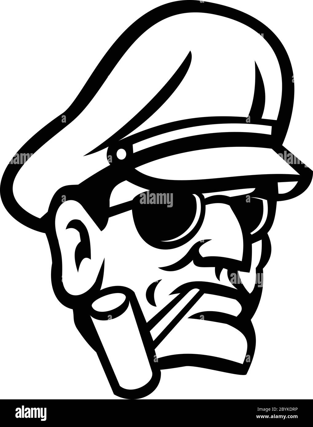 Mascot icon illustration of bust of a military army general smoking a pipe viewed from front on isolated background in retro black and white style. Stock Vector