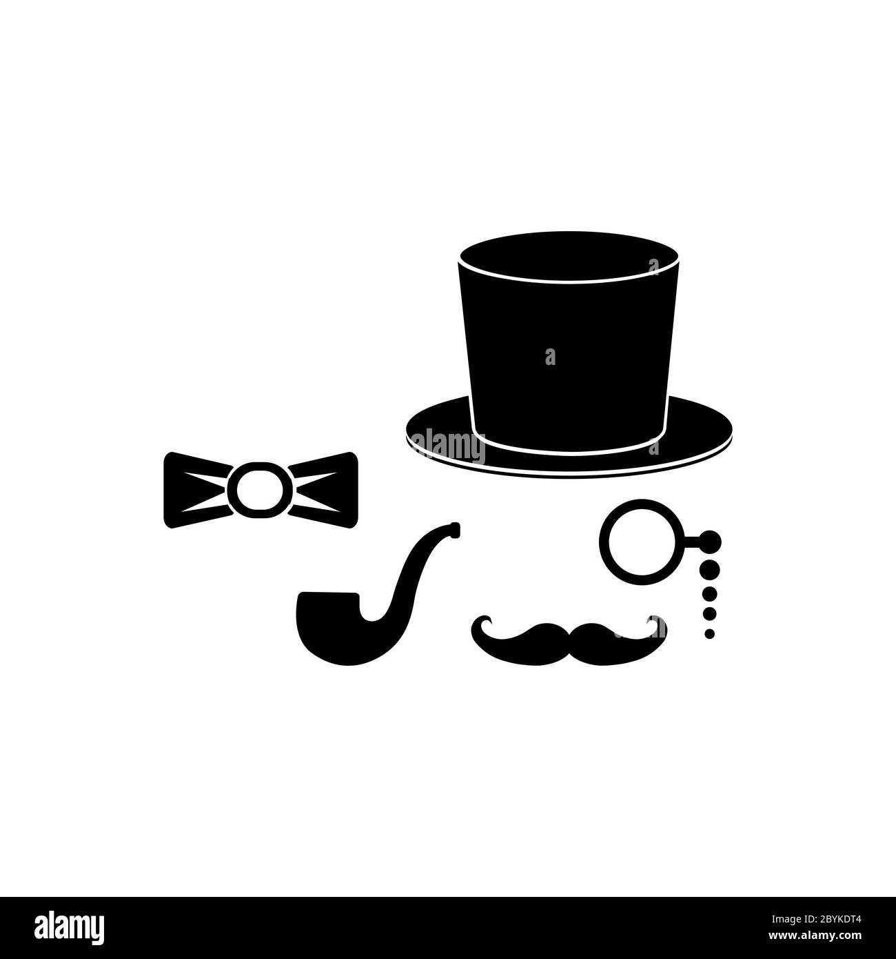Gentleman set - smoking pipe, top hat,eyeglasses, bow tie, mustache, smoke icon design black symbol isolated on white background. Vector EPS 10. Stock Vector