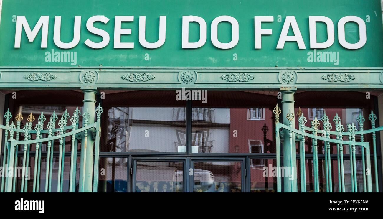 Museo do Fado (Museum of Fado), Lisbon, Portugal. Beautiful green sign of the main entrance of the place. Fado is a music genre Stock Photo