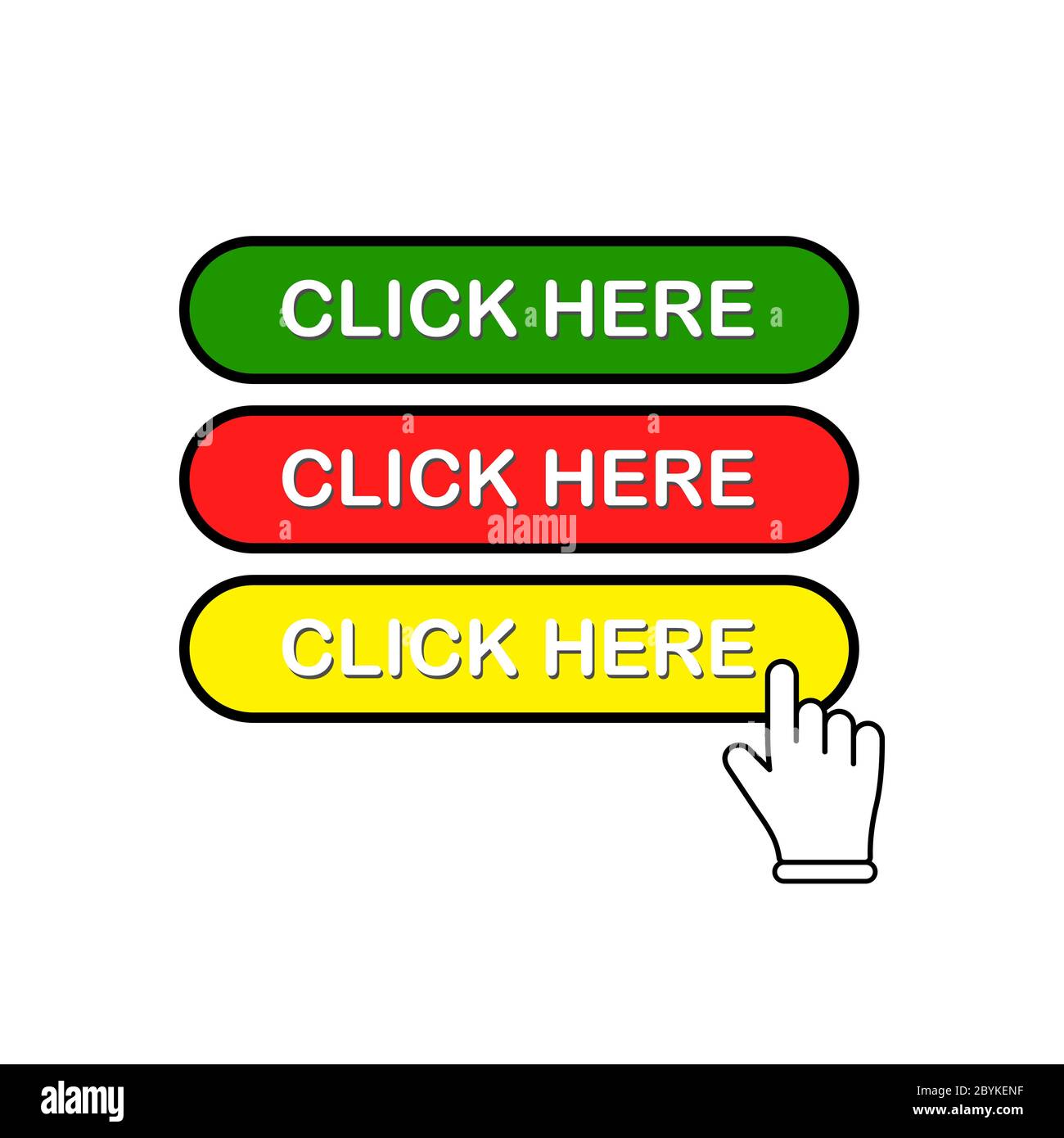 Click here button in red, green and yellow with mouse pointer, hand clicks or hand cursor icon flat on isolated white background. EPS 10 vector. Stock Vector