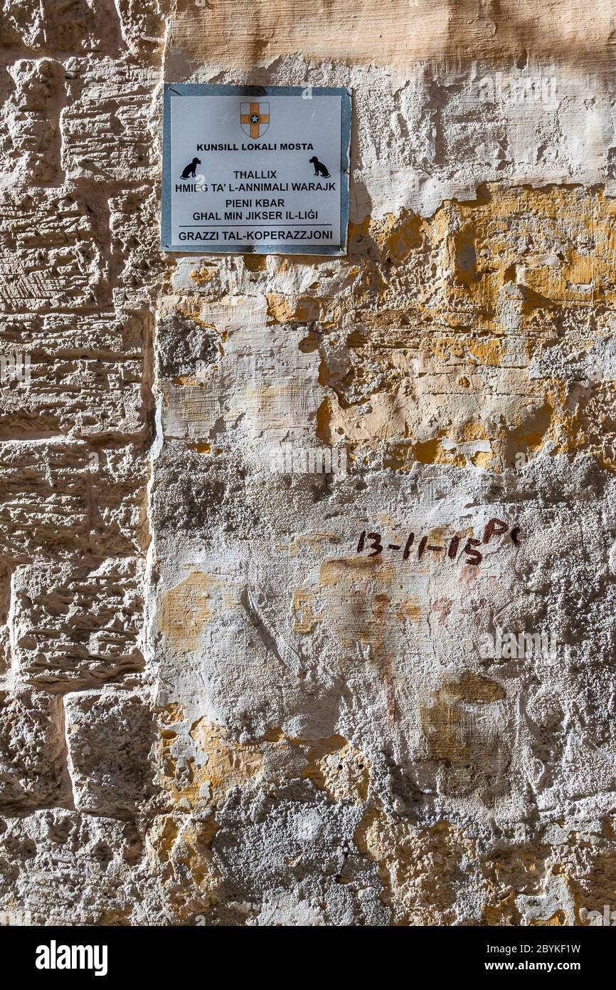 Sign of the local council in Malta: Do not leave animal feces behind you with heavy penalties for breaking the law Stock Photo