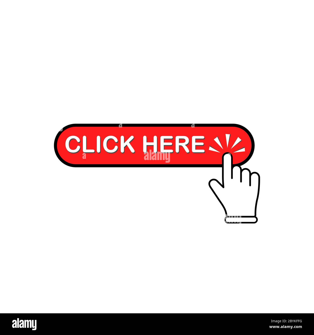 Click here button in red with mouse pointer, hand clicks or hand cursor icon flat on isolated white background. EPS 10 vector. Stock Vector